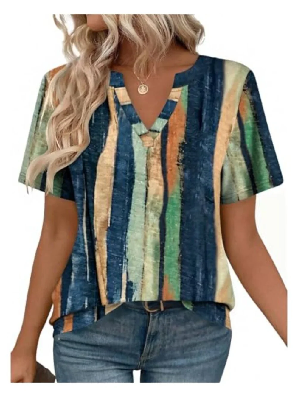 Women's Short Sleeve V-Neck Tunic Blouse High-Low Hem Loose Fit
